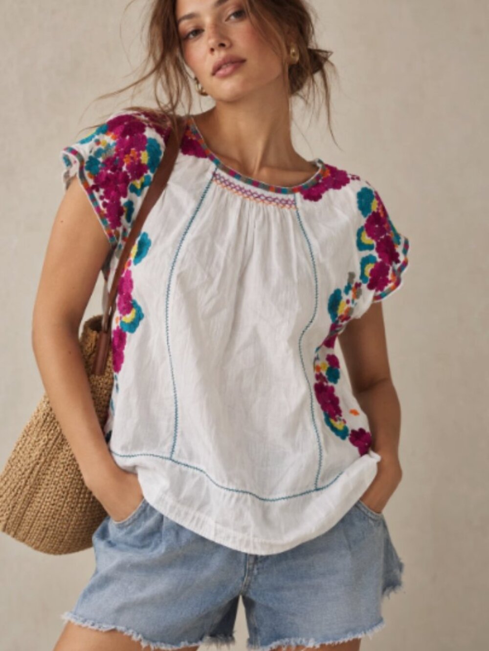 Anthropologie Short-Sleeve Embroidered Tunic Top